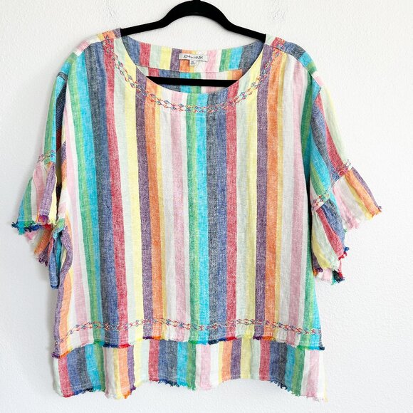 John Mark Tops - John Mark Shirt XL Rainbow Stripe Linen Embroidery Flounce Sleeve Raw Hem